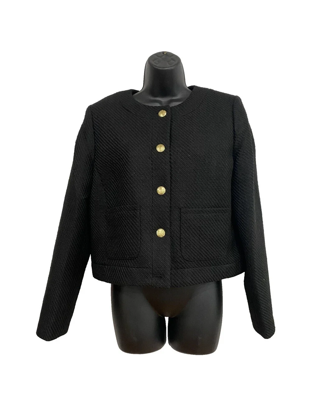 New! J.Crew Black Lady Tweed Jacket Size 10 Gold Button Academia Career Classic